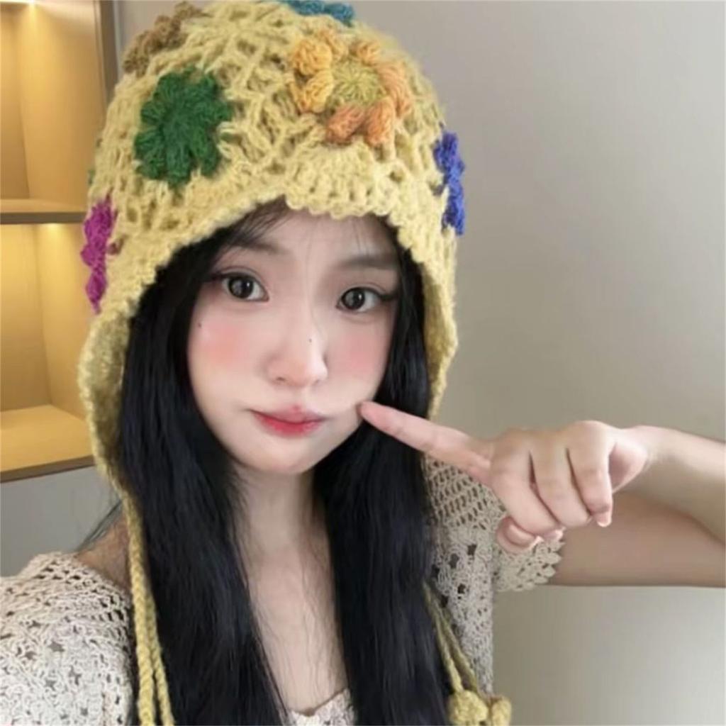 Women’s Hat Fall and Winternew Arrivalhandmade Crocheted Flower Tassel Knitting Cap for Women Ethnic Style Travel Double Layer Ear Protection Trendy