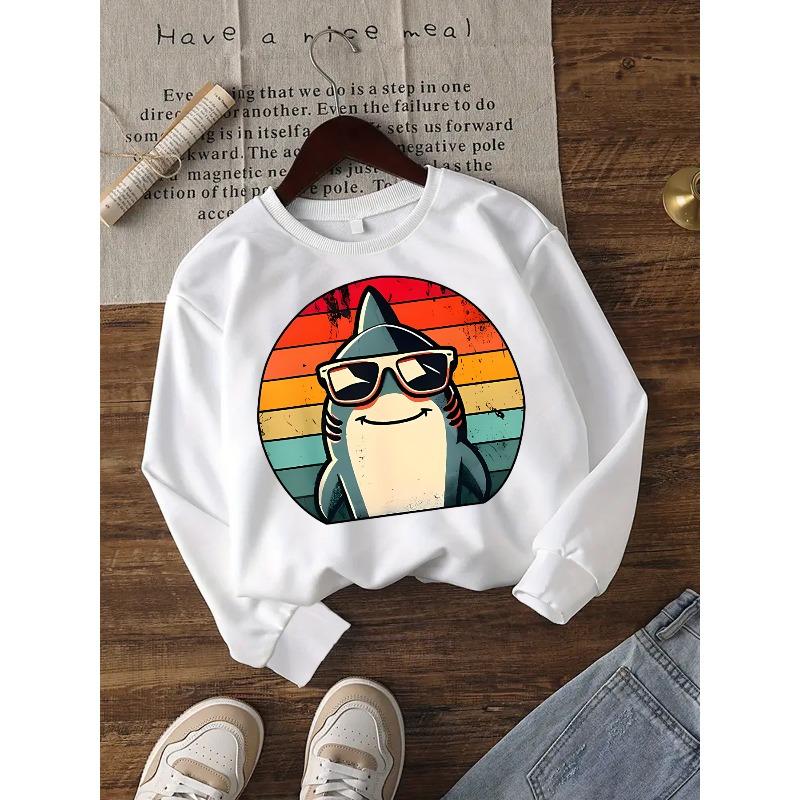 Kids Sweatshirt Crew Neck Sweatshirt with Cool Creative Cartoon Fashion Glasses Shark Graphic Print, White Crew Neck Sweatshirt
