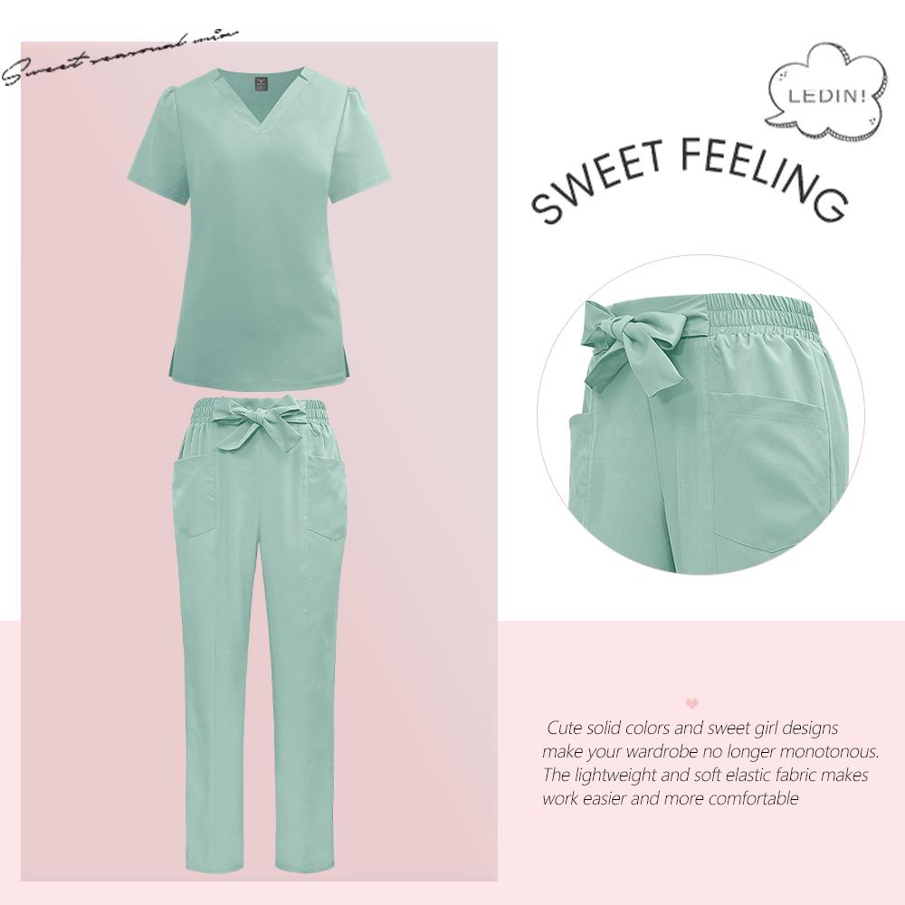 Surgical Uniforms Woman Fashion Bow Belt Nursing Scrubs Set Medical Uniform Top Pants Hospital Clinical Suits Beauty Spa Clothes