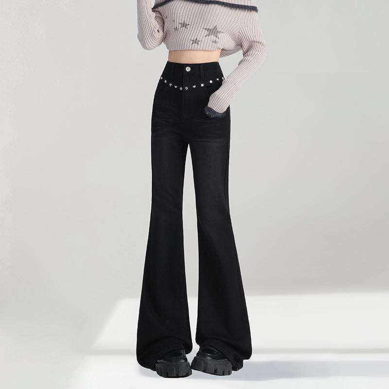 Women s High-Waist Black Bell Bottom Jeans - Spring 2026 Slimming Stretch Flare Pants XL чёрный