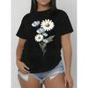 Women 100% Pure White Round Neck Short Sleeve T-Shirt Black Daisy Print Slim Fit Lightweight Breathable Elegant All-Season Casual Outdoor Everyday