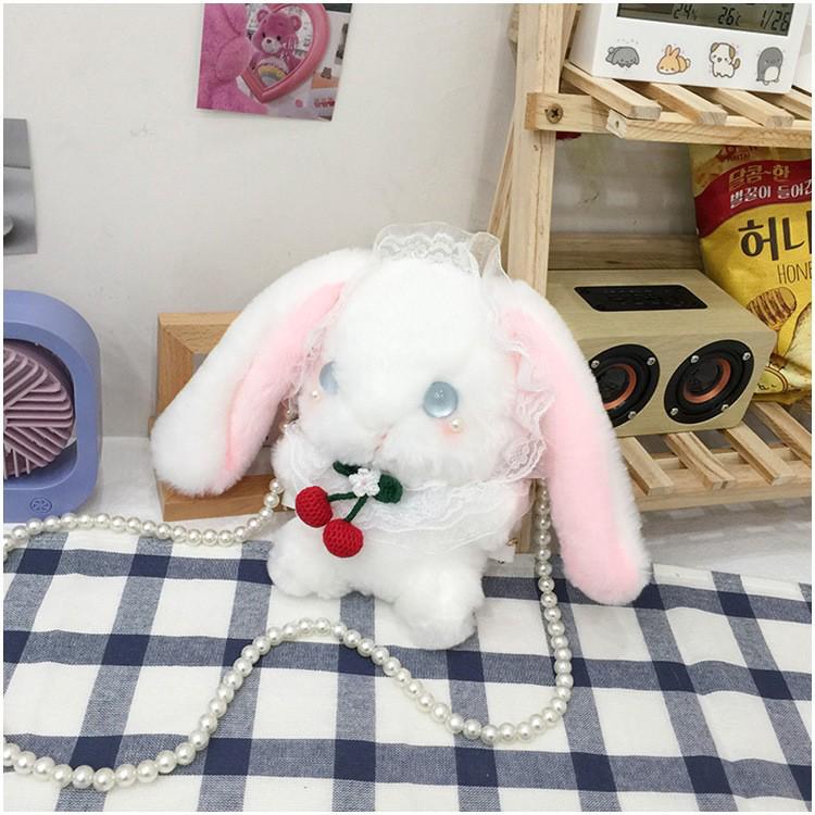 Lolita Plüsch Hasen Tasche mit Schleife, Perlenkette und Herz Design - Süße Girly Umhängetasche