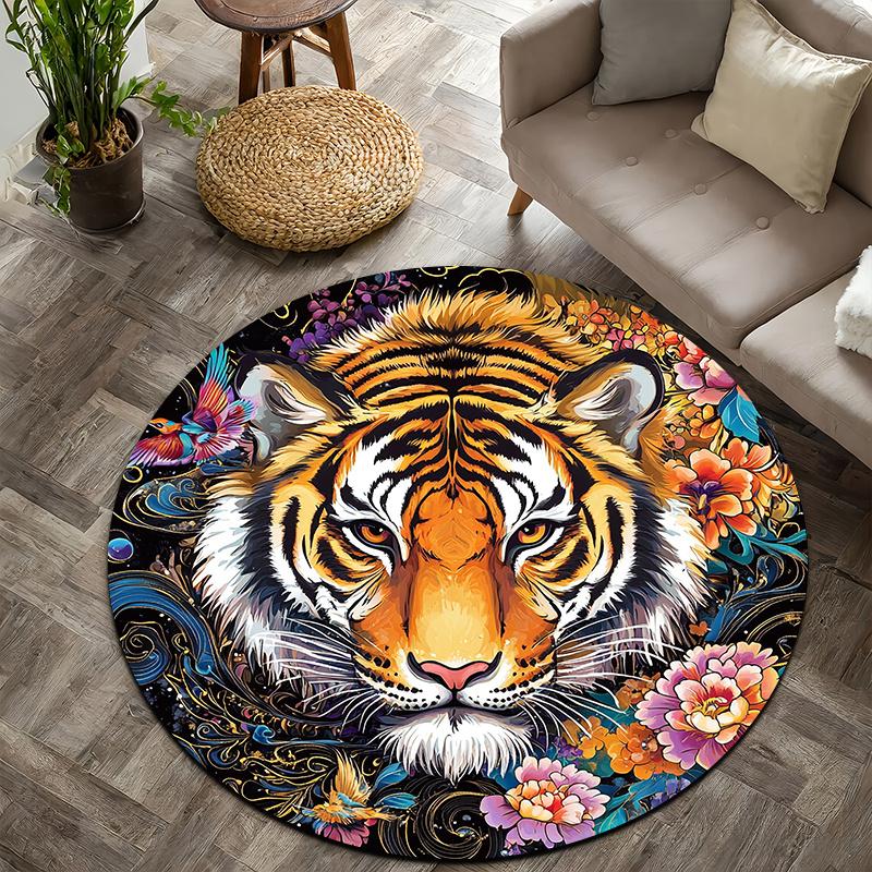 Tiger pattern & colorful flowers Flannel-printed round floor mats are slip-resistant Suitable living room terrace garden carpets