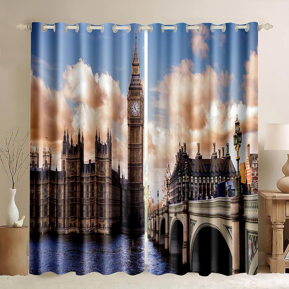 2pcs Prosperous Night City Architecture Scenery Printing Window Curtain for Bedroom, Living Room, Kitchen, Dining Room