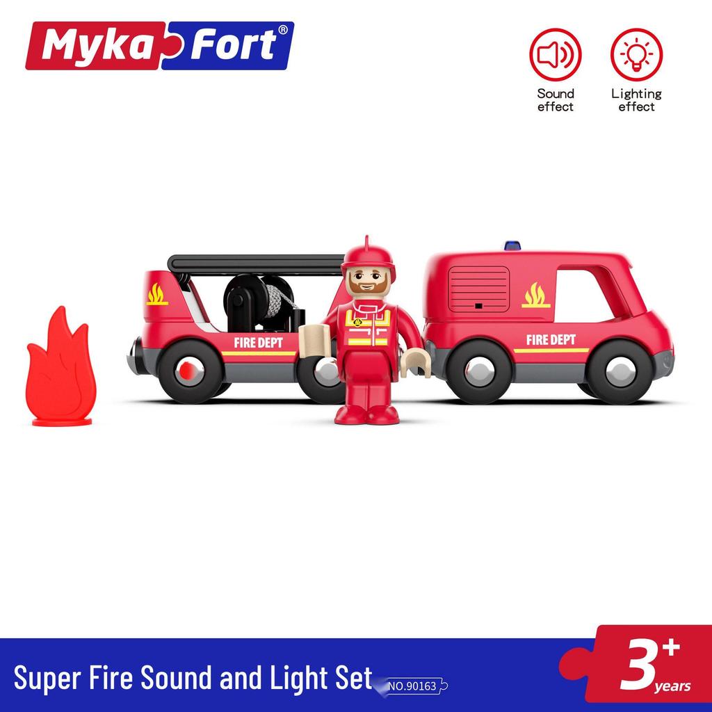 Mykafu Sound & Light Firefighting Toy with Wooden Track Scene for Kids