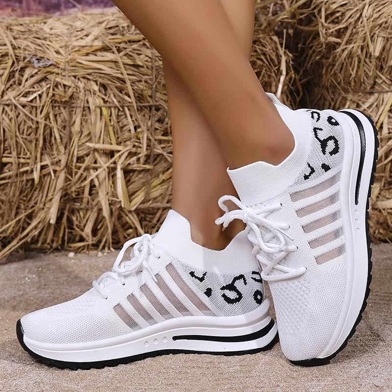 Fashion 2025 Hollow Out Breathable Sneakers Women Plus Size Printed Thick Sole Walking Shoes Woman Comfortable Knitted Flats Female