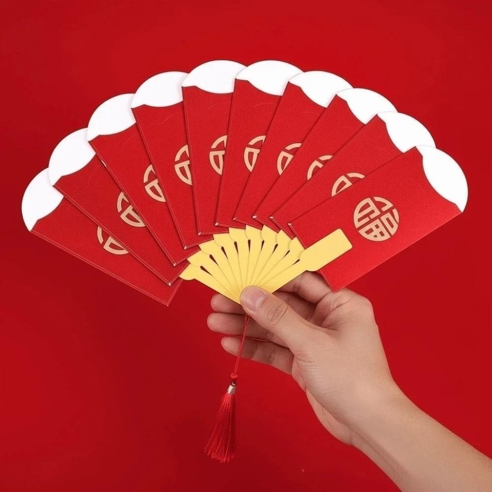 Traditional Fan Design Red Envelope 6/8/10 Cards Frosted Spring Festival Red Wallet with Chinese Knot Tassel