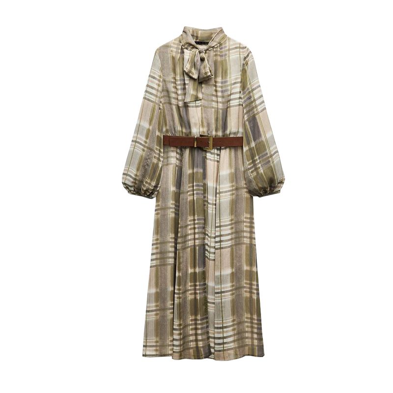 

Fall and Winter New Fashion Style Long Sleeves Turtleneck with Belt Printed Checks Midi Dress 9205231 Multicolor L