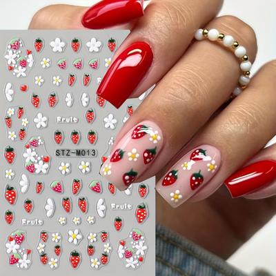 Adesivi 5D Carini Fragola per Unghie Estate Frutta Ciliegia Margherita Semplice Fiori Bianchi Slider Adesivi per Manicure Unghie