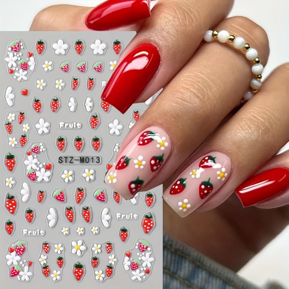5D Cute Strawberry Nail Art Decals Summer Fruits Cherry Simple Daisy White Flowers Adhesive Sliders Stickers for Nail Manicures Tips