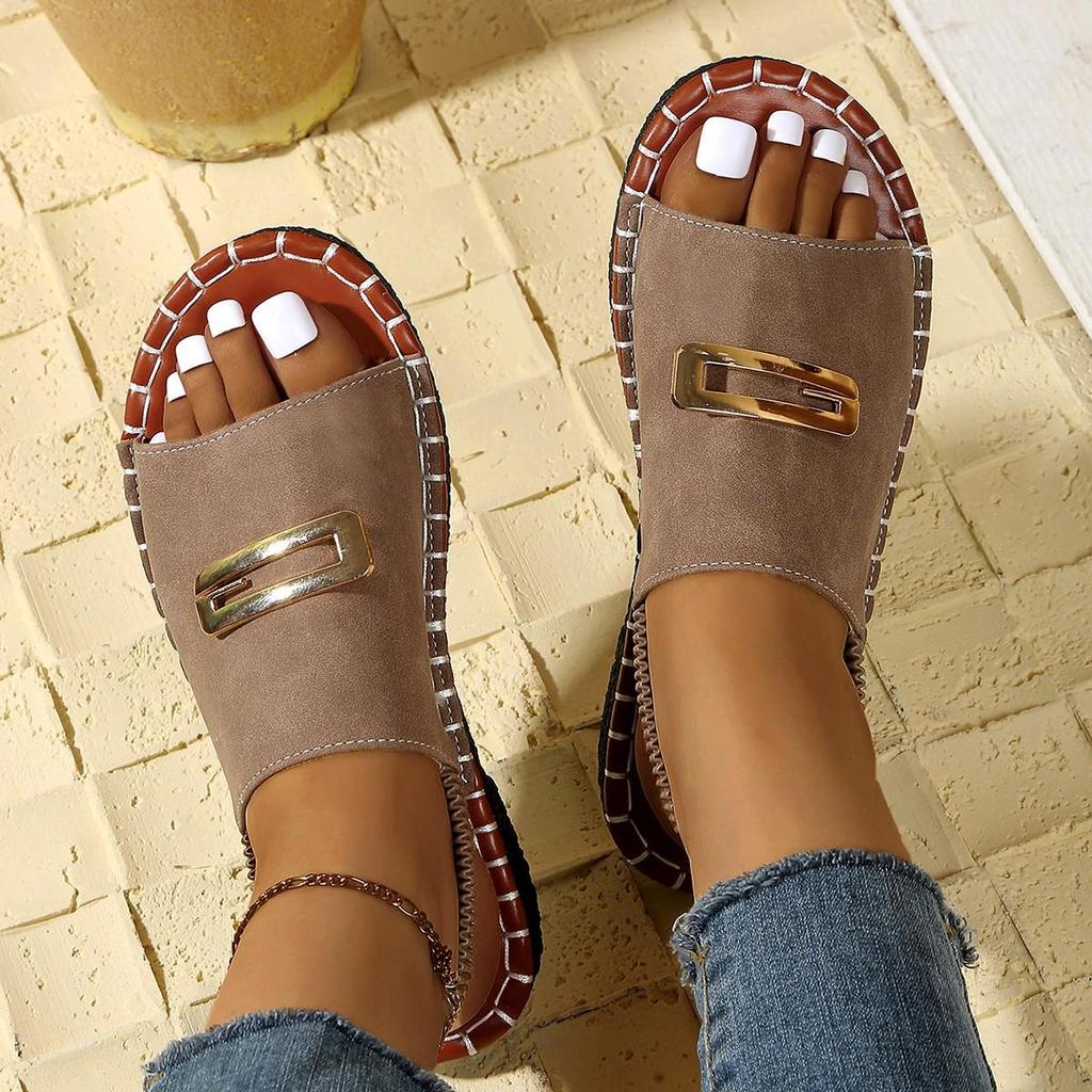 Women's European & American Flat Sandals with Elastic Fabric Band and Metal Accents, Plus Size, Beach-Ready.