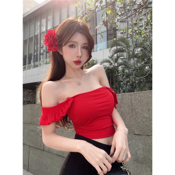 Summer New French Slim Fit and Thin Waist Square Neck Small Flying Sleeve T-shirt Spice Girl Pure Desire Sexy Top