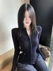 Autumn 2026 Korean Style Navy Blue Knit Cardigan - Elegant Slim Long-Sleeve Outerwear