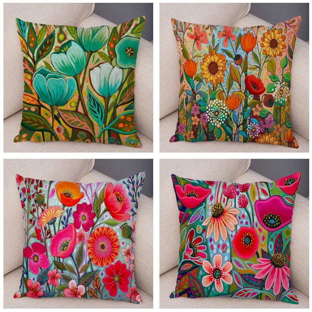 Nordic Watercolor Flower Pillowcase Soft Plush Decor Cartoon Floral Plant Cushion Cover for Sofa Home Children Room Pillow Case