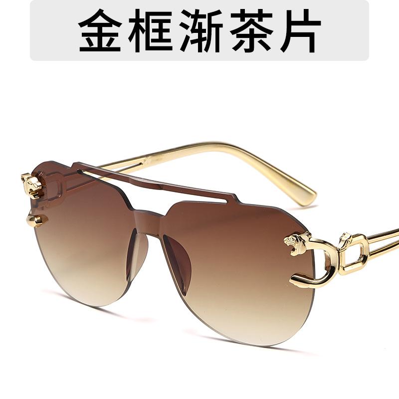 New Fashion Rimless Sunglasses For Men Double Bridge Style Leopard Aviator Frame Oval Female Sunglasses Glasses For Women Uv400