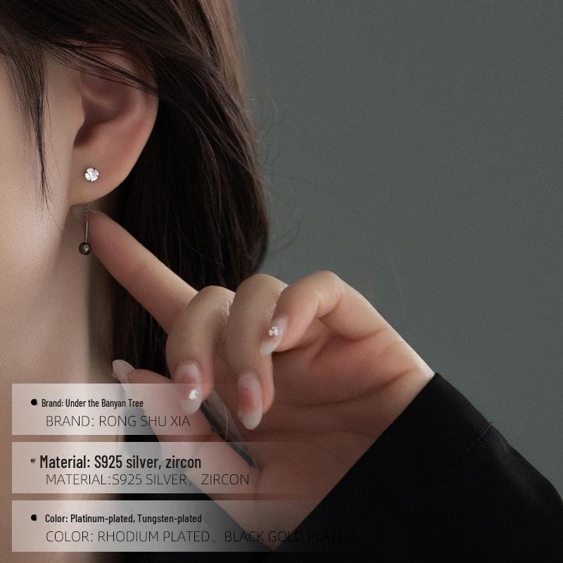 Argint Sterling 925 Fir de ureche cu diamant zirconiu cu mărgea neagră și lanț scurt pentru osul urechii în stil hip-hop