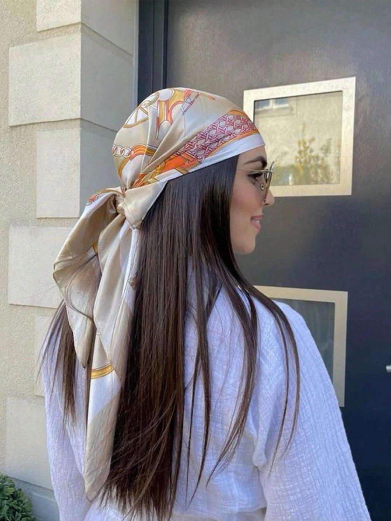 

Luxury Brand 2026 Chain Print Square Silk Scarf for Women Hijab Hair Bands 90cm Neckerchief Female Satin Shawl Ribbon Headband 90x90cm