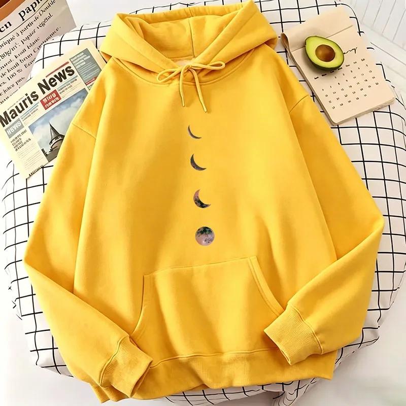 Harajuku Trendy Women's Moon Graphic Print Hoodie Autumn Winter Casual Loose Sweatshirt with Pocket Long Sleeve Casual Women Top