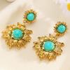 Vintage Sunflower Drop Earrings with Turquoise Tone Stones Bohemian Floral Jewelry