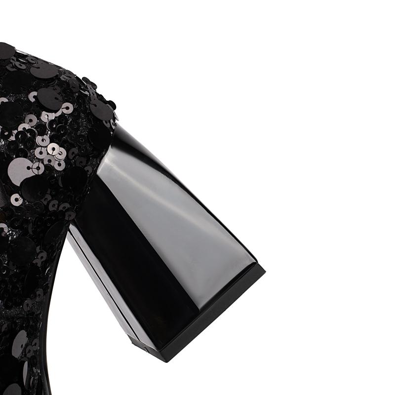 Fashion Women's New Spring and Autumn Square Head Sexy Nightclub Sequin Leather Waterproof Platform High Heel Elastic Belt Single Shoes