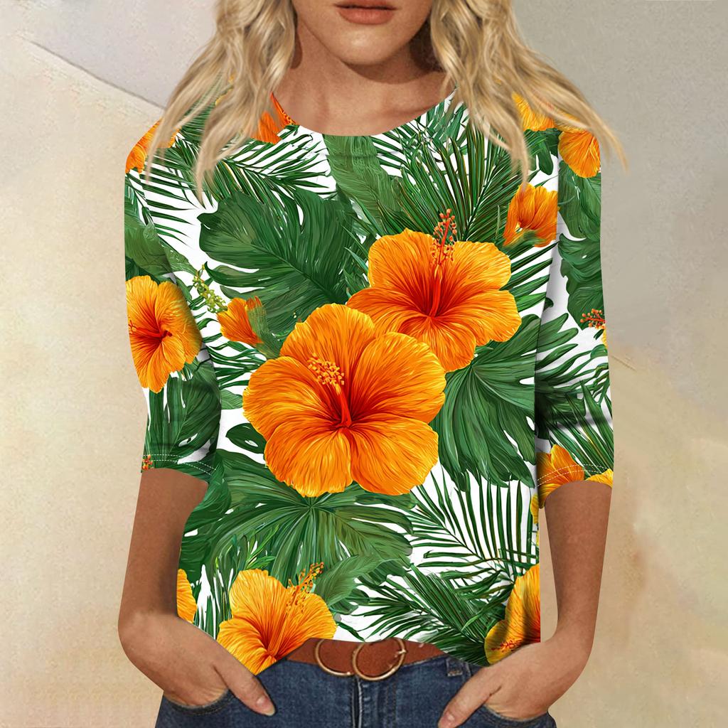 Women's Fashionable Casual Round Neck Three-quarter Sleeve Hawaiian Print T-shirt Top