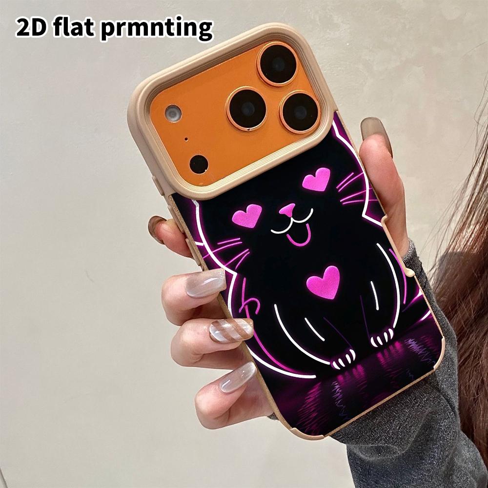 Phone Case: 2D Flat Lambskin Suitable for iPhone 18, 17, 16, 15, 14, 13 Pro Film Protective Case, Line Art Black Cat, Christmas and Halloween Gift
