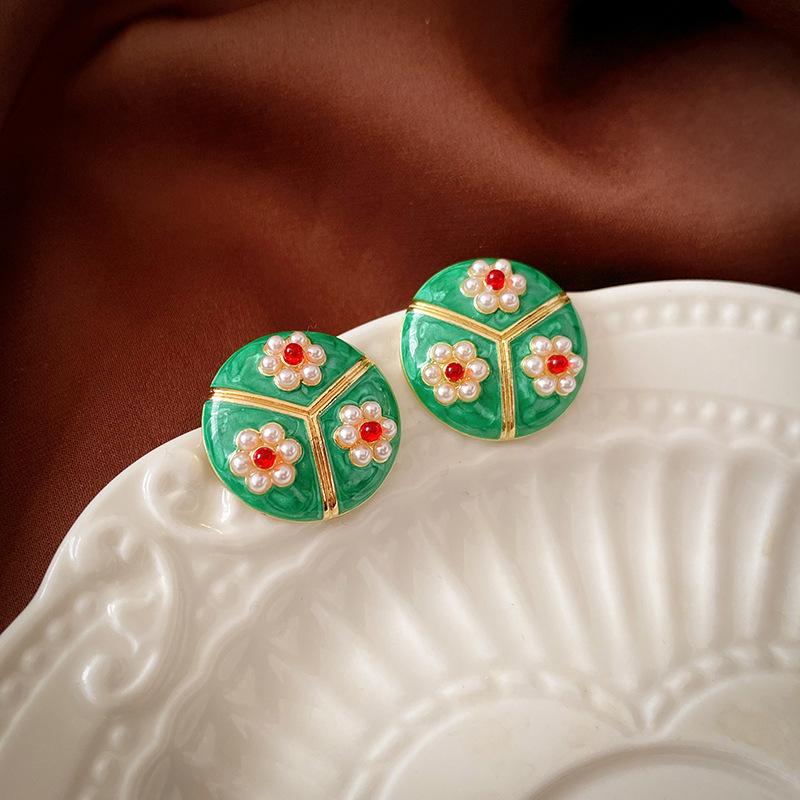 Medieval Vintage Dripping Oil Flower Earrings Retro Niche High-end Earrings Light Luxury Versatile Temperament Earrings Women