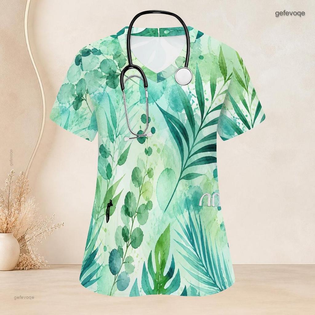 Women Plus Size Nurse Scrub Top V Neck Short Sleeve Green Leaf Print Front Pockets