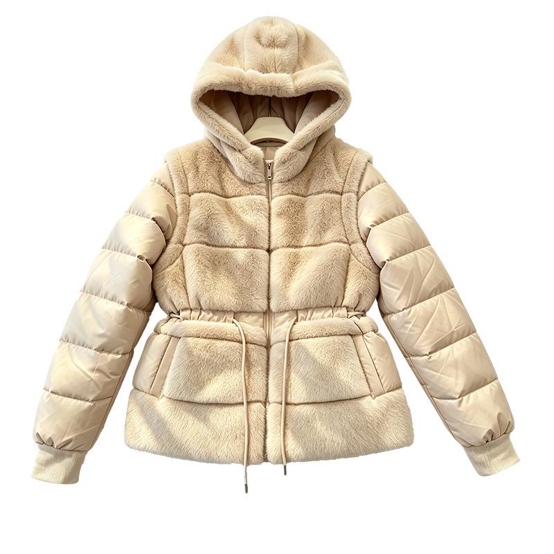 Splicing hooded cotton clothes women's autumn and winter thickened plush vest jacket zipper removable sleeves cotton coat vest