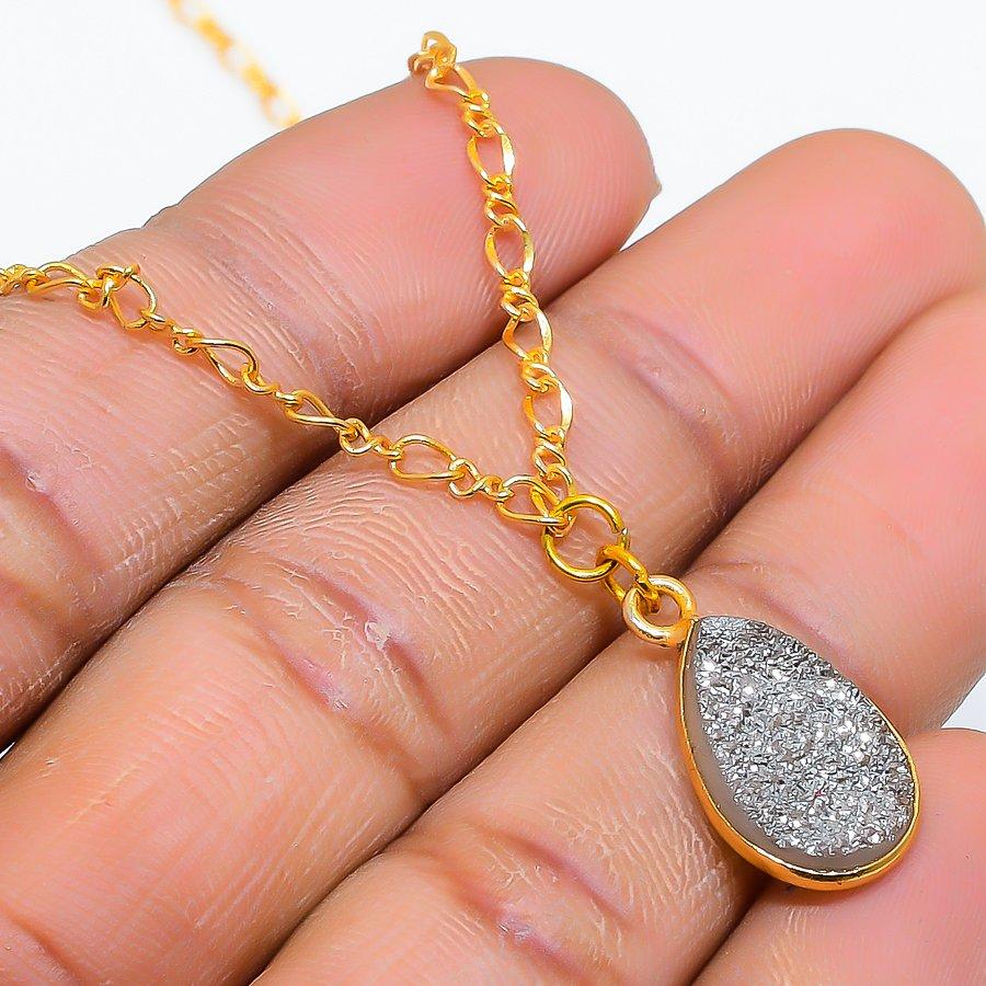 Pyrite Druzy Gemstone Handmade 925 Sterling Silver Jewelry Necklace 20" GK-5005