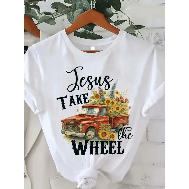 

European Size Christmas Sweatshirts for Women 2025 Christmas gift Tee, Local 1pc Women s Casual Jesus Take The Wheel Truck Sunflowers 4XL білий