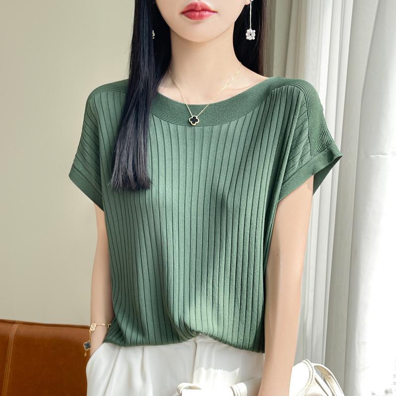 Women's Summer Solid-Color Loose-Fit Knit Top Lightweight Elegant Round-Neck Blouse