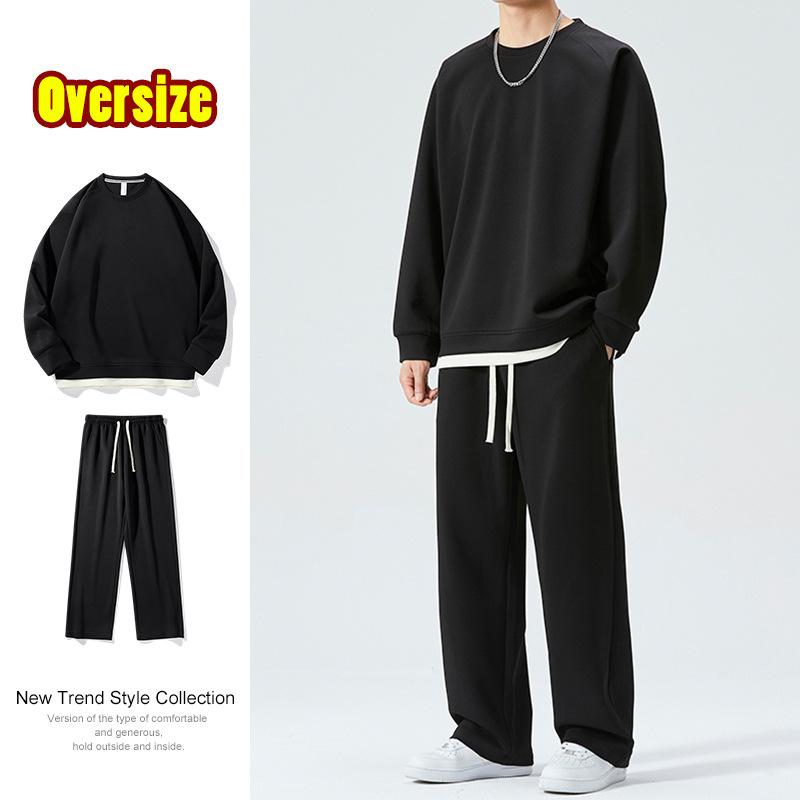 

Autumn Winter Thin Casual Sports Suit Men s Two-piece Trendy Brand Loose Breathable Solid Color Sweatpants Round Neck Sweatshirt XXXL чорний