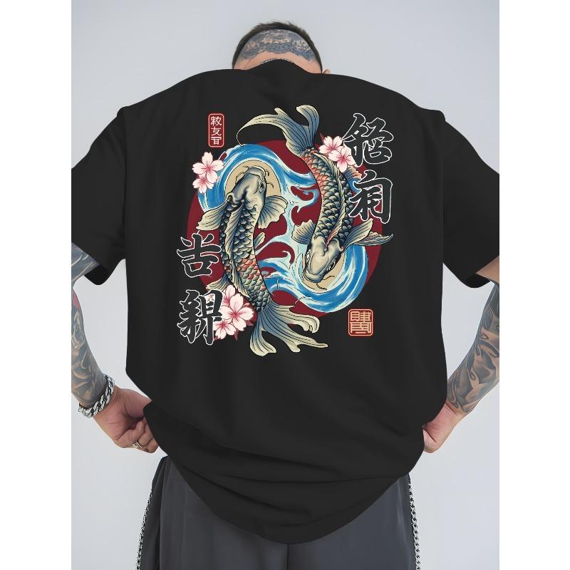 European Size Japanese Style Carp Summer Outdoor Sports and Casual Large-size Short-sleeved T-shirts, Men's Trendy Fashion Prints, Loose Base Shirts
