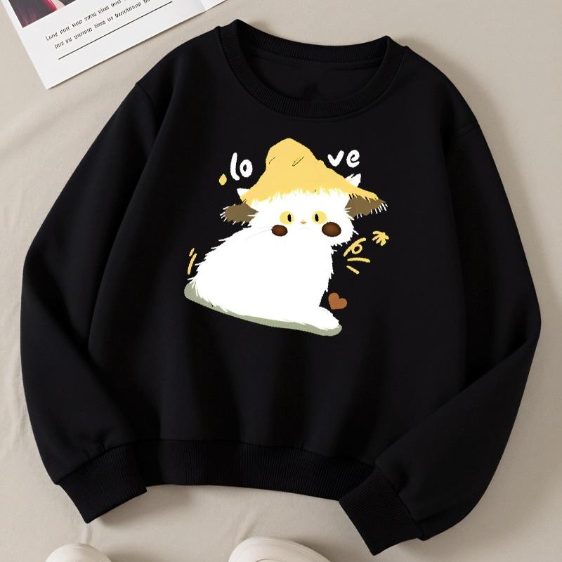 Kids Crewneck Sweatshirt, Cute Black Cat with Straw Hat & Love Print, Soft Casual Pullover for Fall Winter