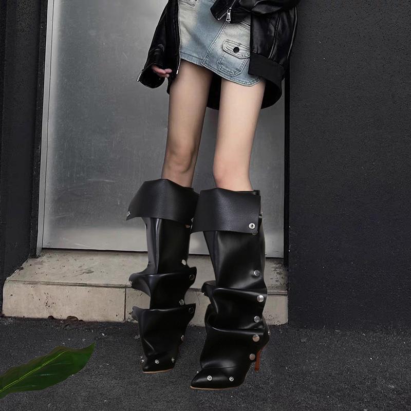 

Large size button splicing two-wear stacking boots 2025 new Spice Girl high-heeled fashion boots women s pointed thin heel boots 43