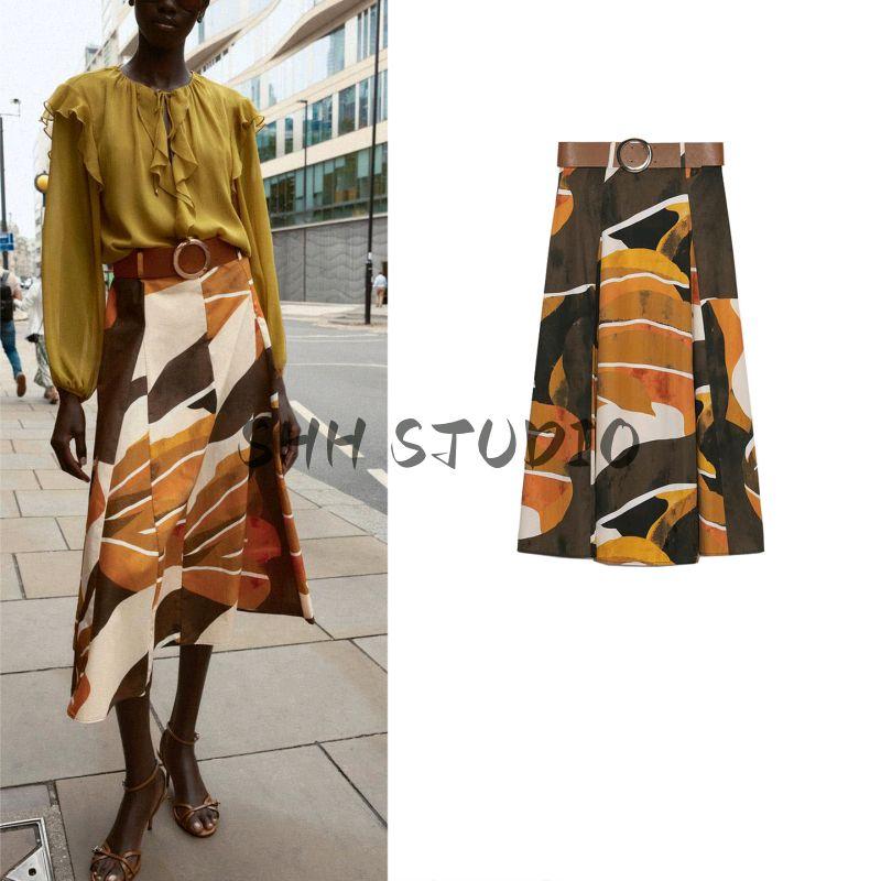 Fall New Women's Clothing French Style Loose Metal Buckle Decoration High Waist Print Poplin Belt Skirt 5029171