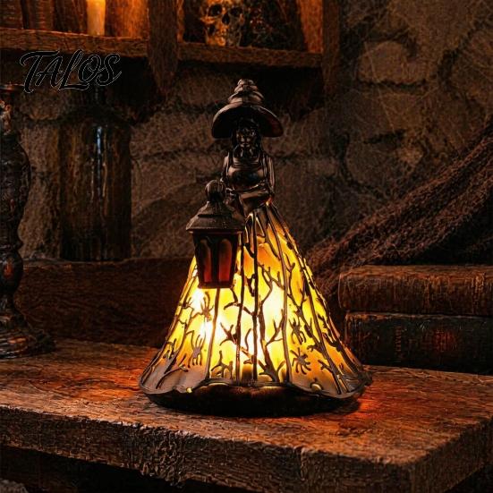 Handmade Gothic Interior Decor Halloween Witch Lamp, Stained Glass Style Table Lamp with Lantern, Retro Hollow Carved Sculpture LED Resin Night Light