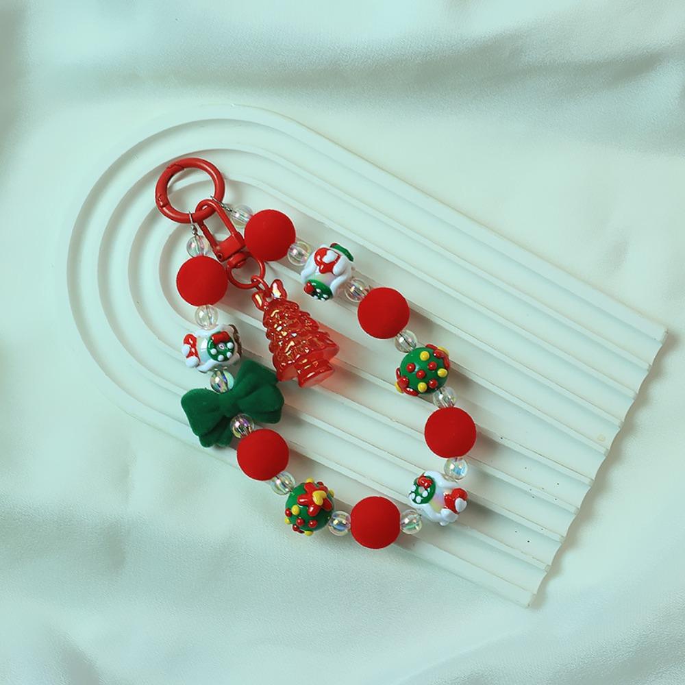Flocked Bowknot Plush Beads Keychain Christmas Tree Beaded Cell Phone Lanyard  Christmas