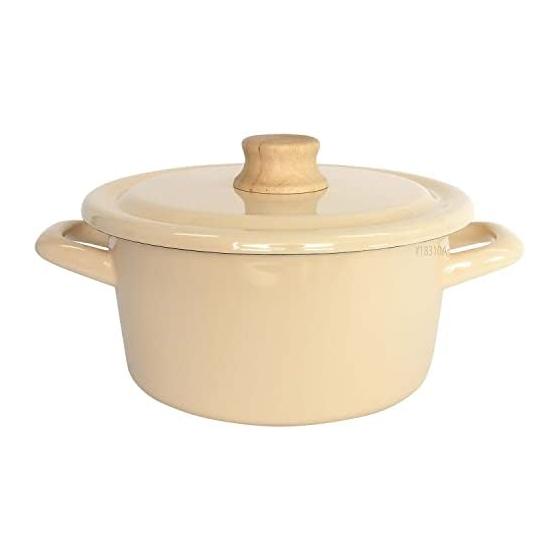 Эмалированная двухручная кастрюля Fuji Enamel 18 см, совместимая с IH, серия Cotton, винтажный кремовый