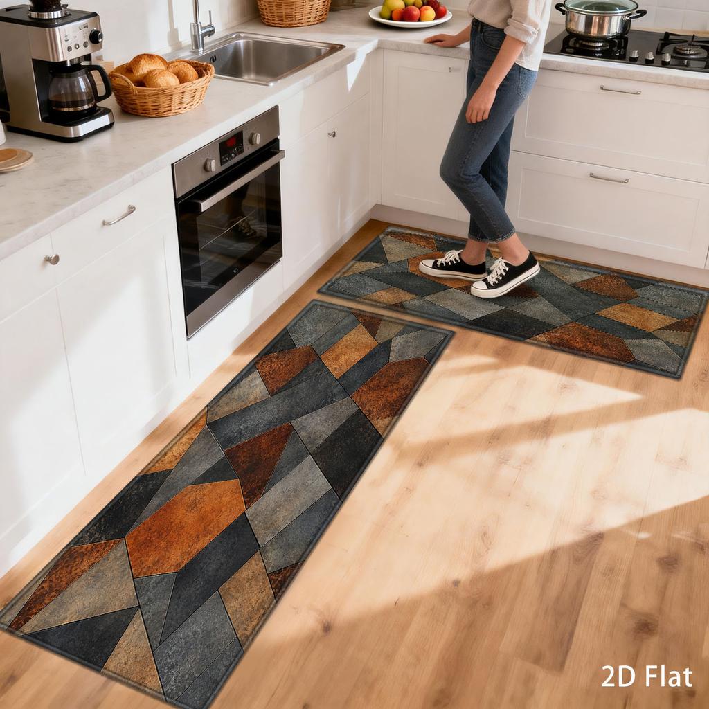 1Pcs Anti Fatigue Kitchen Rugs Geometric Rust Print Waterproof Non Slip Thick Cushioned Mat