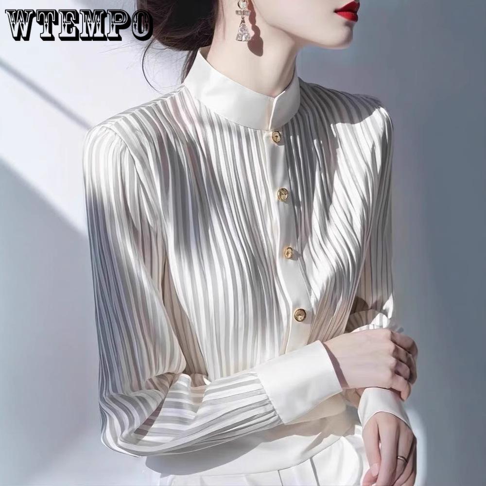 Women's Striped Shirt with French Standing Collar Women's Spring Shirt