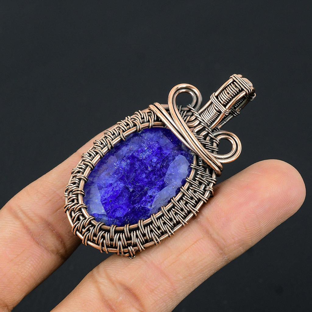 Blue Sapphire Pendant, Handmade Gemstone Pendant, 999 Copper Wire Wrapped Pendant Antique Jewelry, For Engagement Gift