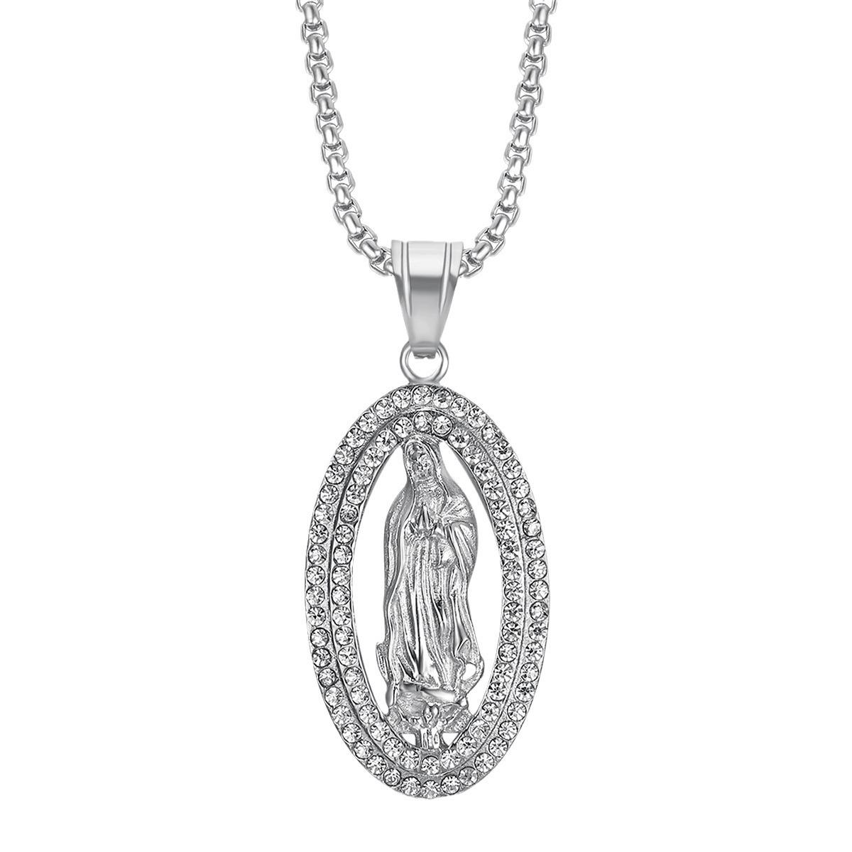 

Новая Мода Ожерелье-Цепочка из Нержавеющей Стали с Девой Марией Высококачественная Подвеска с Цирконом Хип-Хоп Религиозные Украшения 61CM серебряный