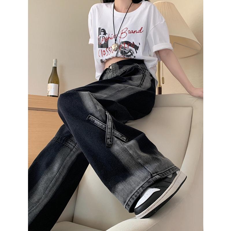 

Plus Size Women s Retro Color Block High Waist Wide Leg Jeans with Turn-Down Collar. 2XL