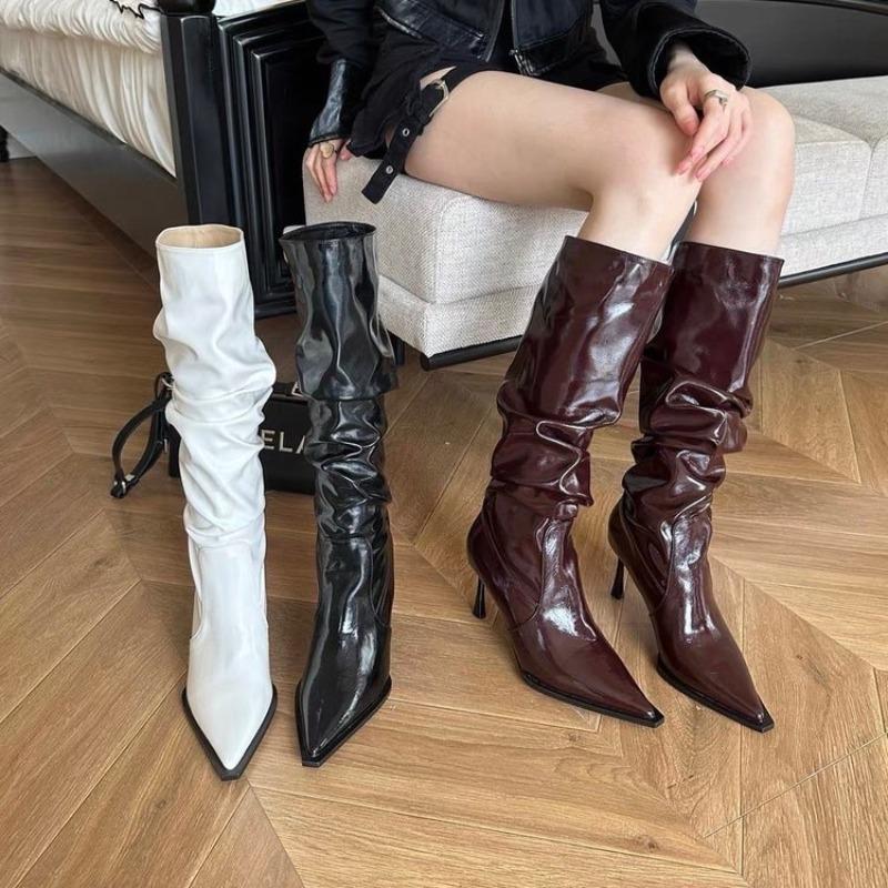 Fashion Over-the-knee Boots Women Fashion Pointed Toe Black Side Zipper Thin High Heels Female Shiny Pleated High Heel Botas 2024