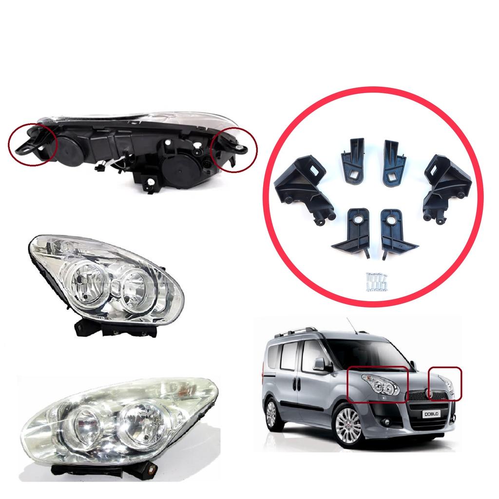 EHL500+EHL501 Headlight Holder Mount Repair Bracket Tab Set Left Right Side for Fiat Doblo MK2 263 2010-2014 Pre-Facelift 51810671 51810672