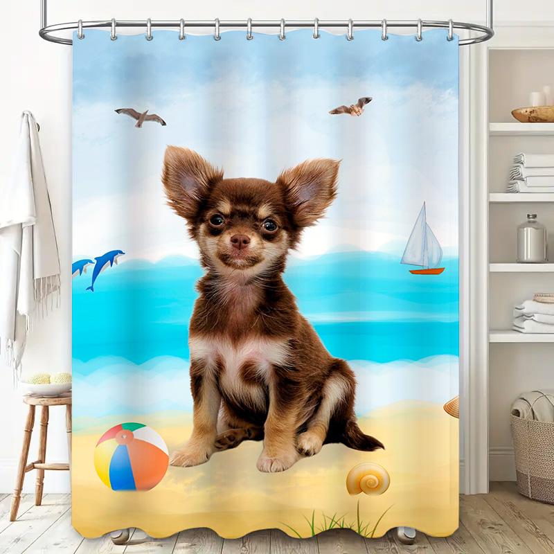 Duschvorhang mit Strandmotiv: Entzückender Chihuahua-Druck in Mehrfarben Perfekt für Badezimmer-Dekoration Einfache Installation Schnell trocknend Fabri