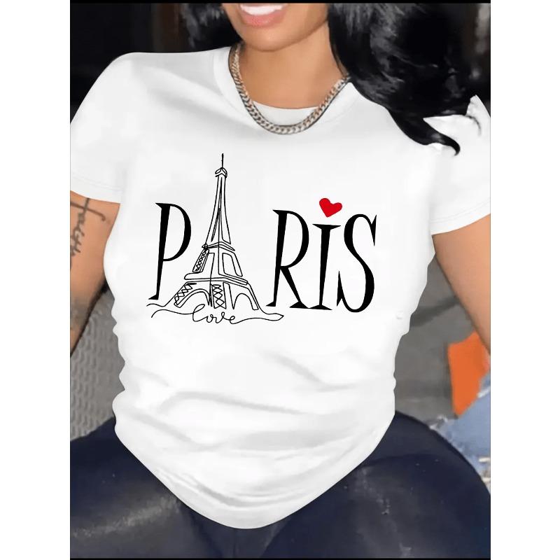 European sizes Women's Casual Short Sleeve T-Shirt With Eiffel Tower Graphic, Paris Theme, Fashion Round Neck Sports Tee Top