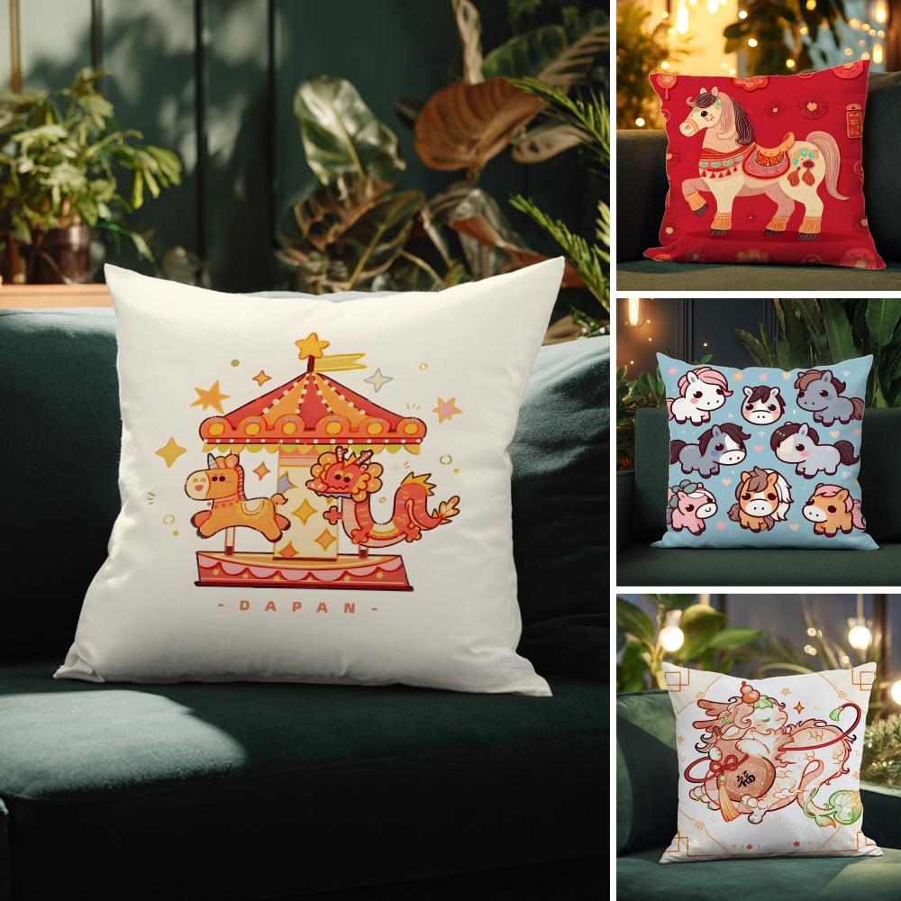 Festive Cartoon Chinese Dragon Print Pillow Case Comfort Sofa Bed Silky Elegant Invisible Zipper Decorative Cushion Cover